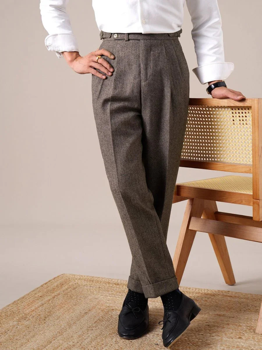 Savile Herringbone Wool Pleated Pants