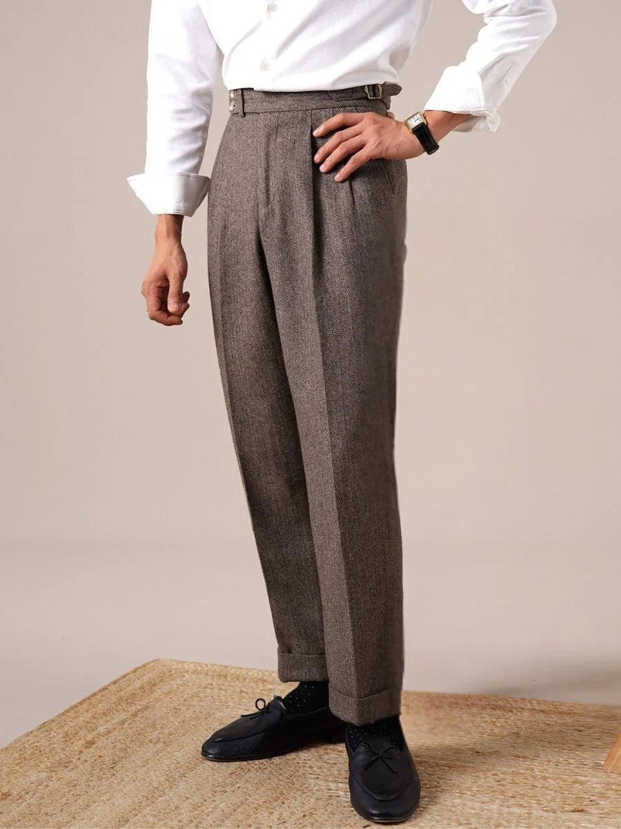 Savile Herringbone Wool Pleated Pants