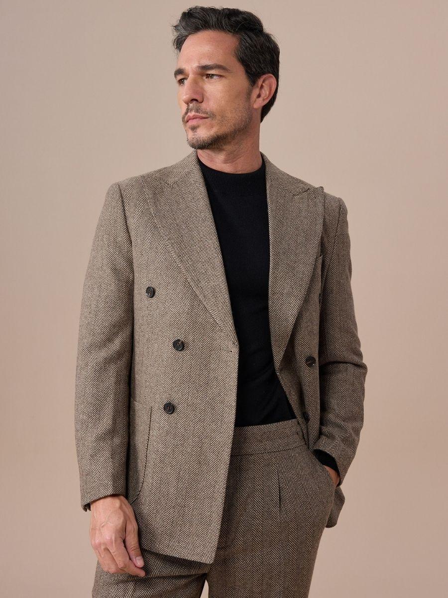 Venice Double Breasted Herringbone Wool Suit