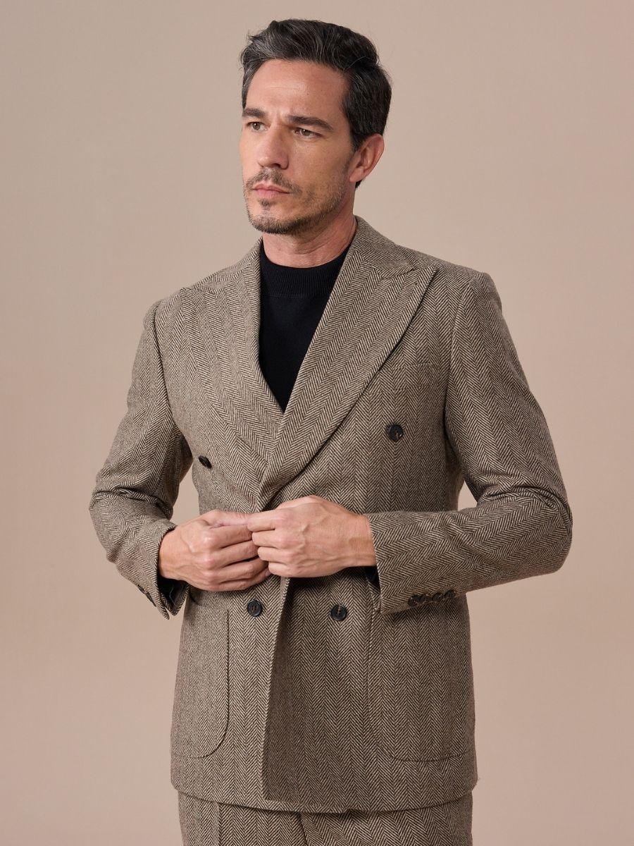 Venice Double Breasted Herringbone Wool Suit
