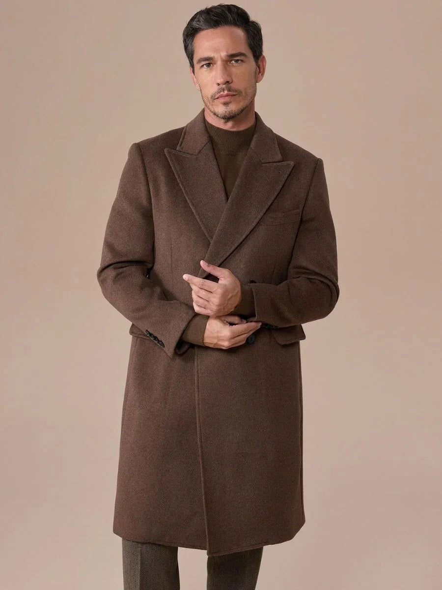 Brown Double Breasted Overcoat with Peak Lapel