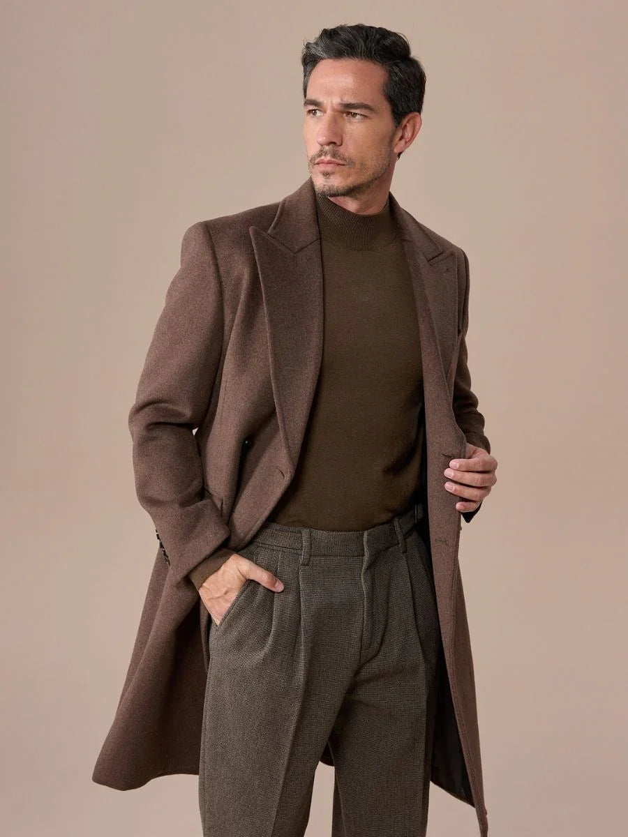 Brown Double Breasted Overcoat with Peak Lapel
