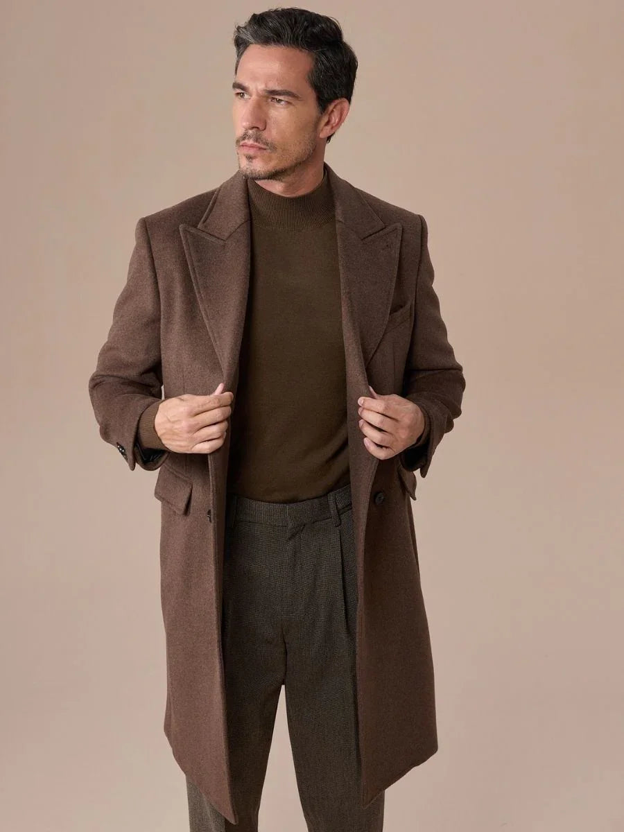 Brown Double Breasted Overcoat with Peak Lapel
