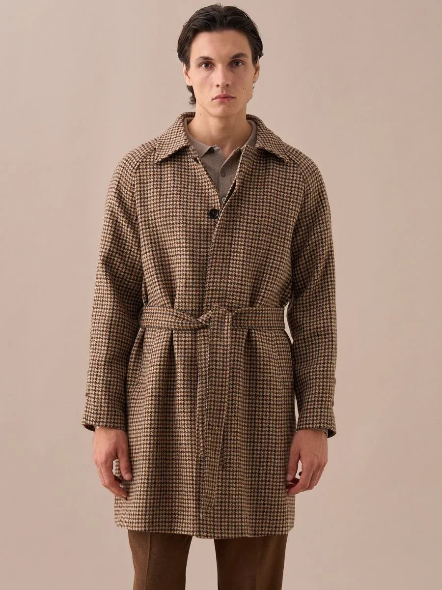 Men's Houndstooth 100% Wool Belted Coat