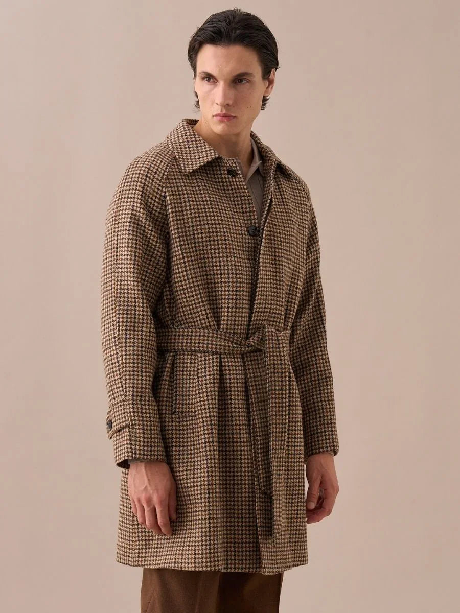 Men's Houndstooth 100% Wool Belted Coat