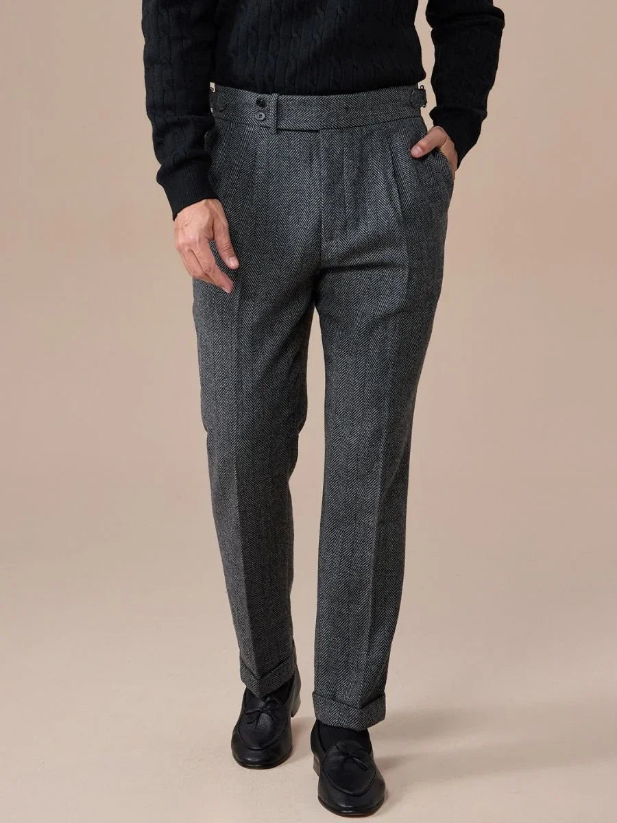 Venice Herringbone Wool Pleated Pants