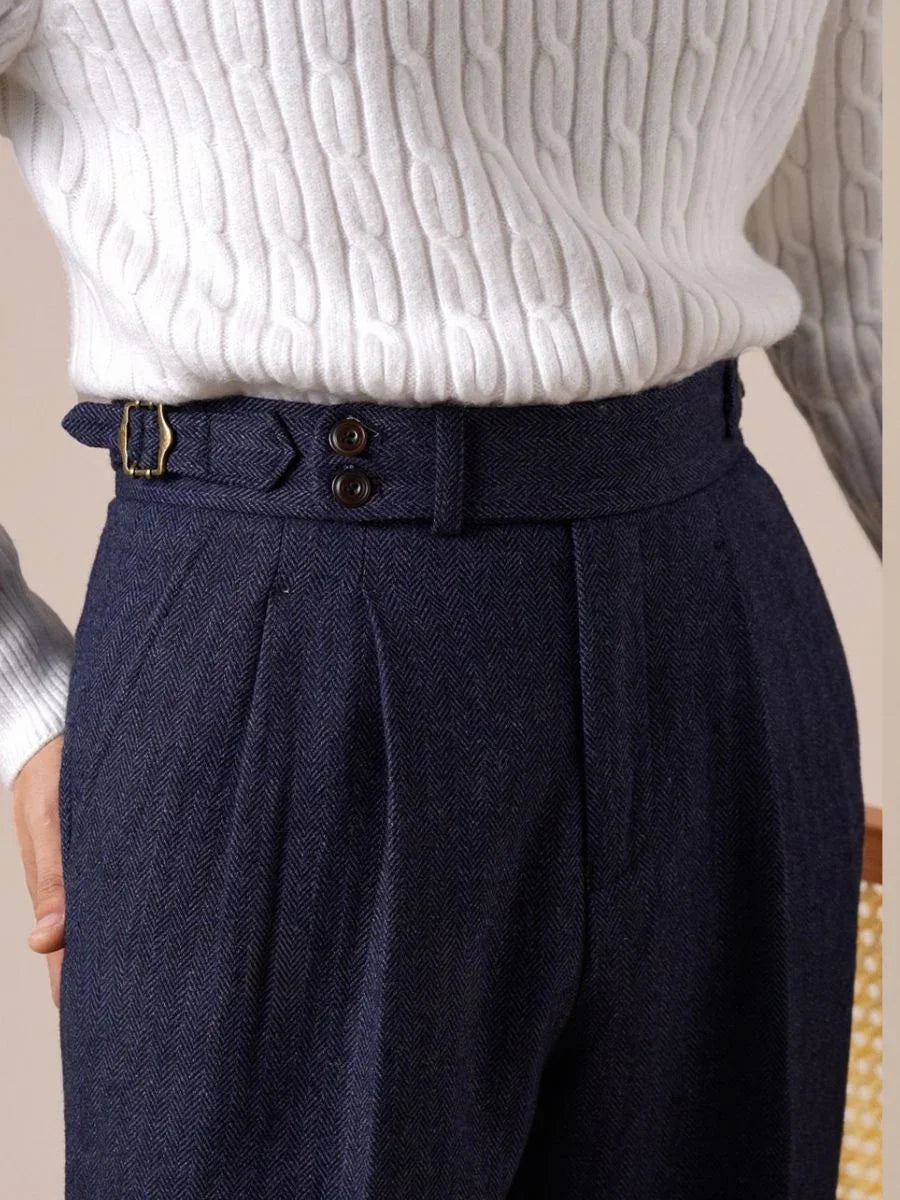 Savile Herringbone Wool Pleated Pants
