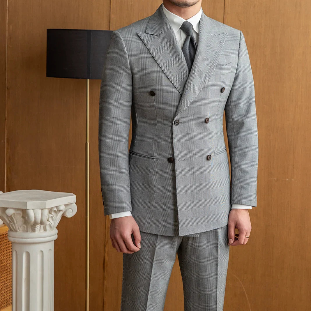 Double Breasted Gray Prince of Wales Check Suit