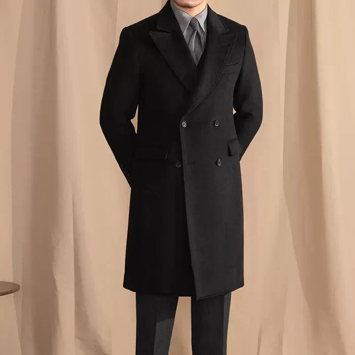 Black Double Breasted Overcoat with Peak Lapel
