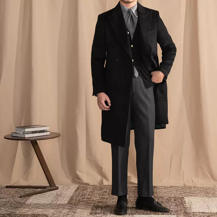 Black Double Breasted Overcoat with Peak Lapel