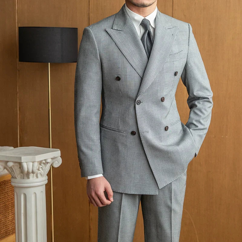Double Breasted Gray Prince of Wales Check Suit