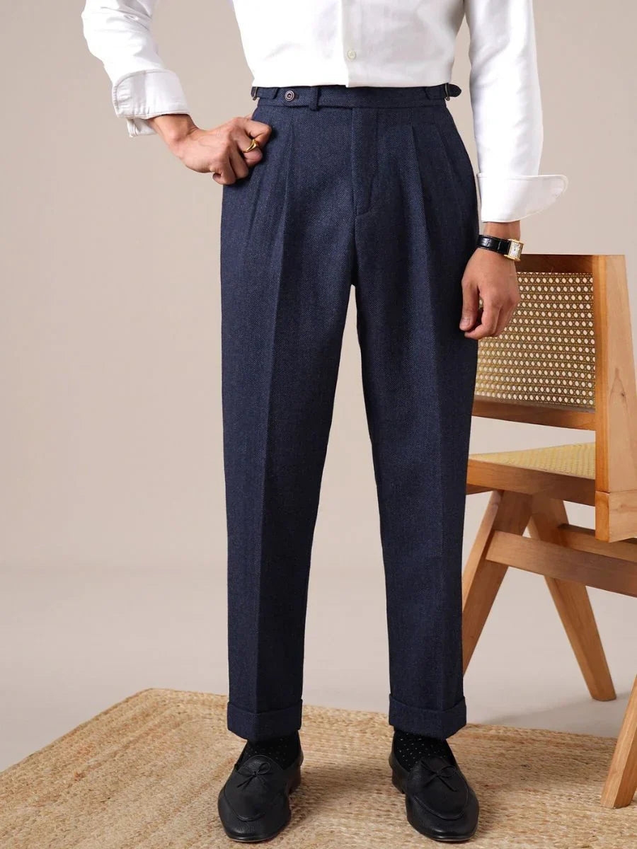 Savile Herringbone Wool Pleated Pants