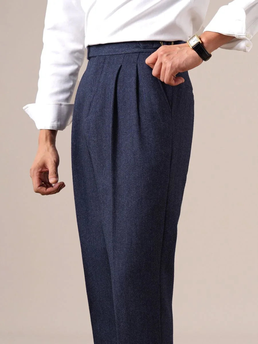 Savile Herringbone Wool Pleated Pants