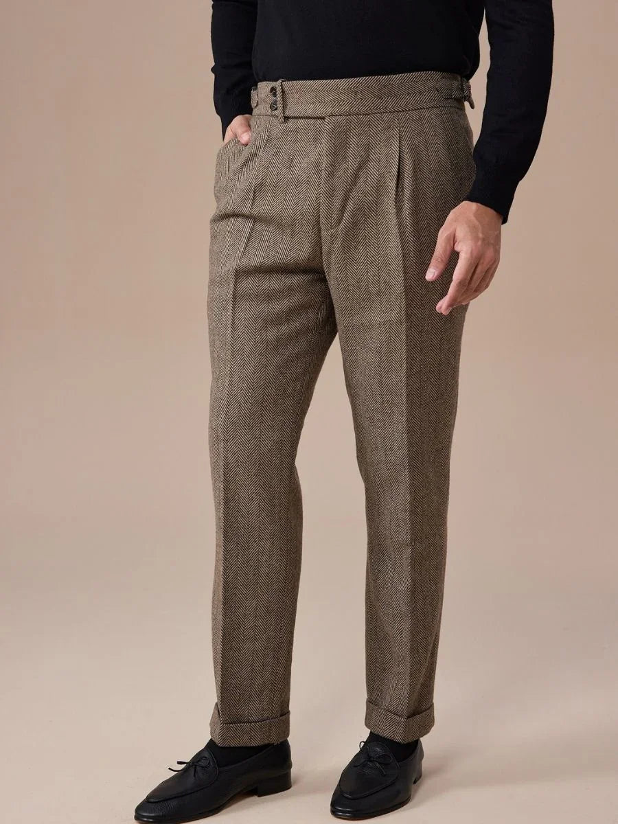Venice Herringbone Wool Pleated Pants