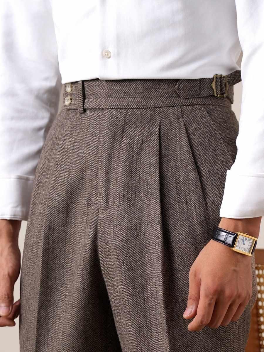 Savile Herringbone Wool Pleated Pants