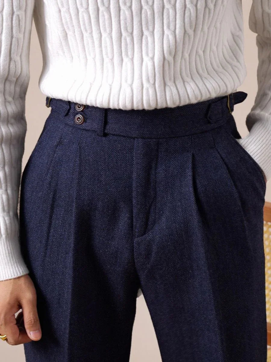 Savile Herringbone Wool Pleated Pants