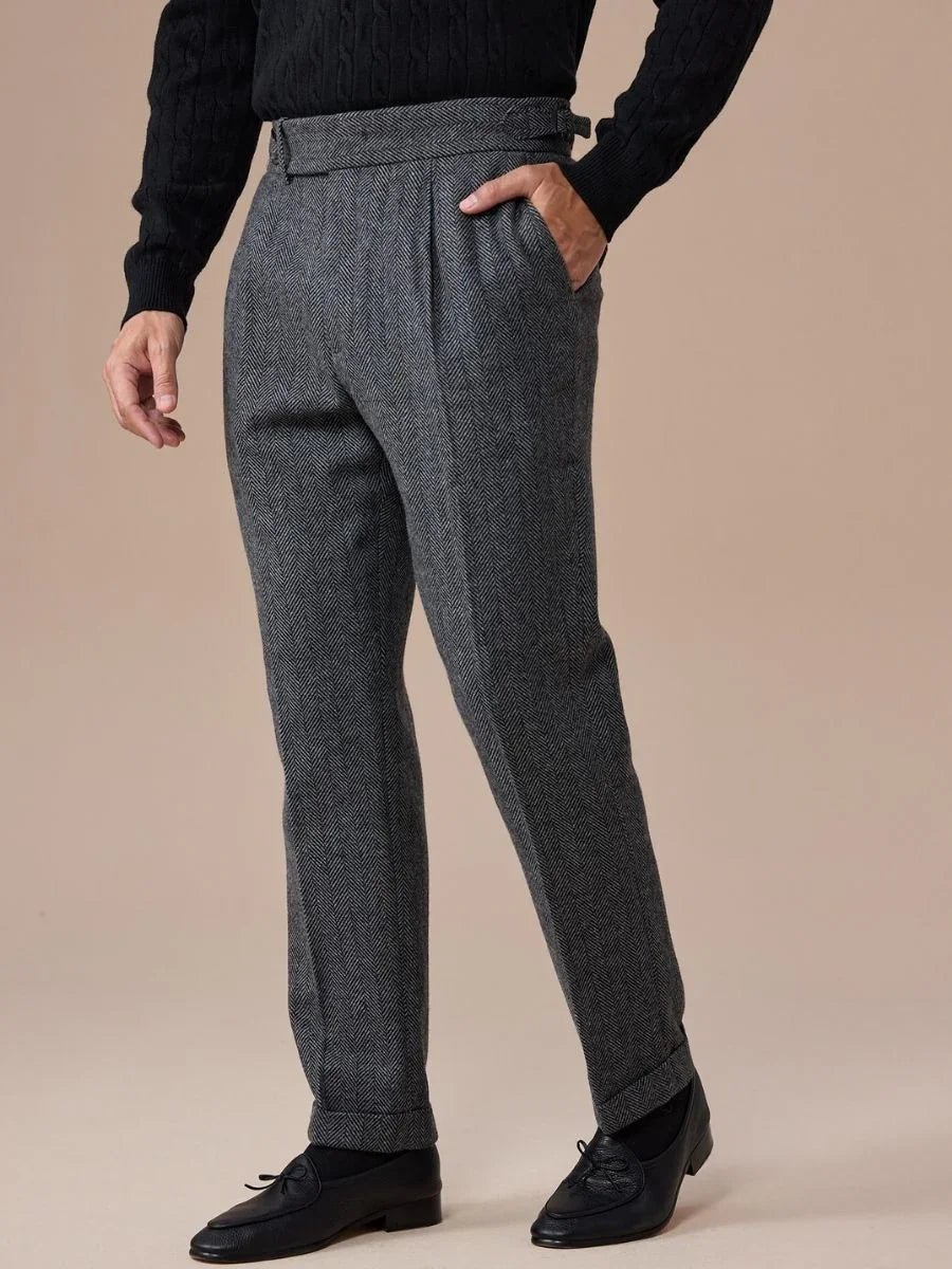Venice Herringbone Wool Pleated Pants