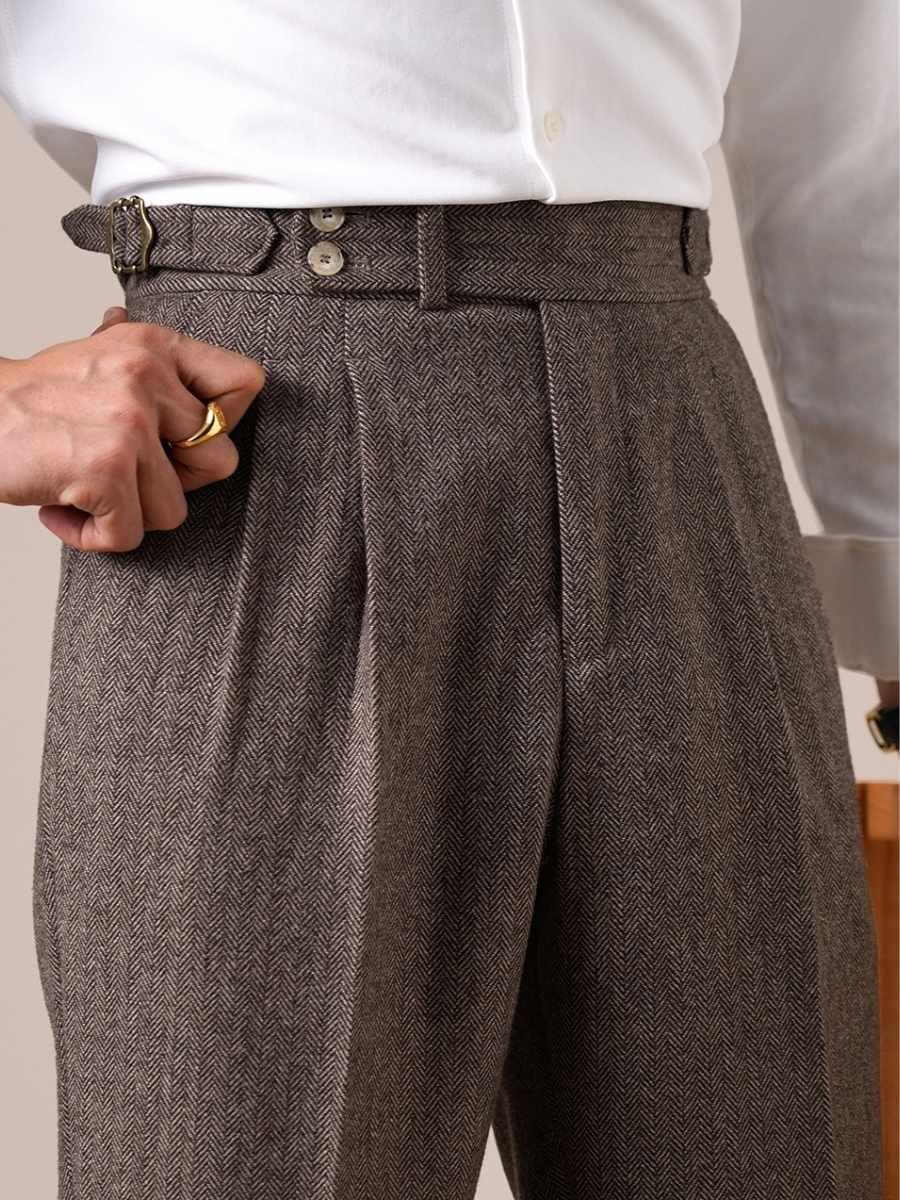 Savile Herringbone Wool Pleated Pants