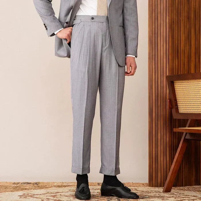 Two Button Pinstripe Suit with Notched Lapel in Gray