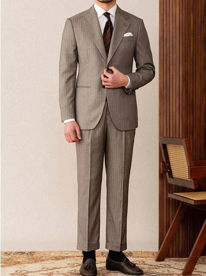 Two-Button Brown Pinstripe Suit with Notched Lapel