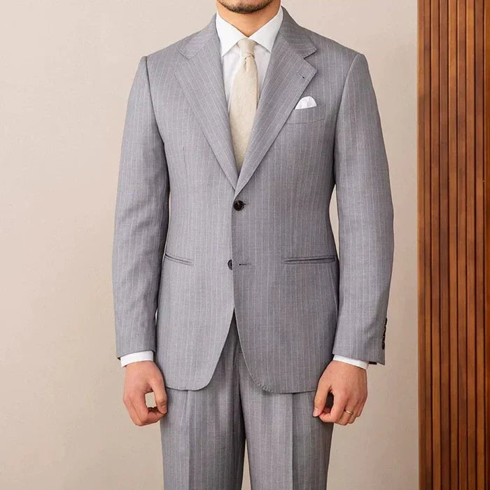 Two Button Pinstripe Suit with Notched Lapel in Gray
