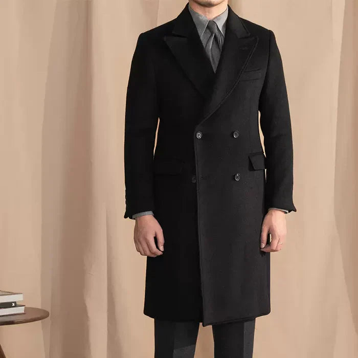 Black Double Breasted Overcoat with Peak Lapel