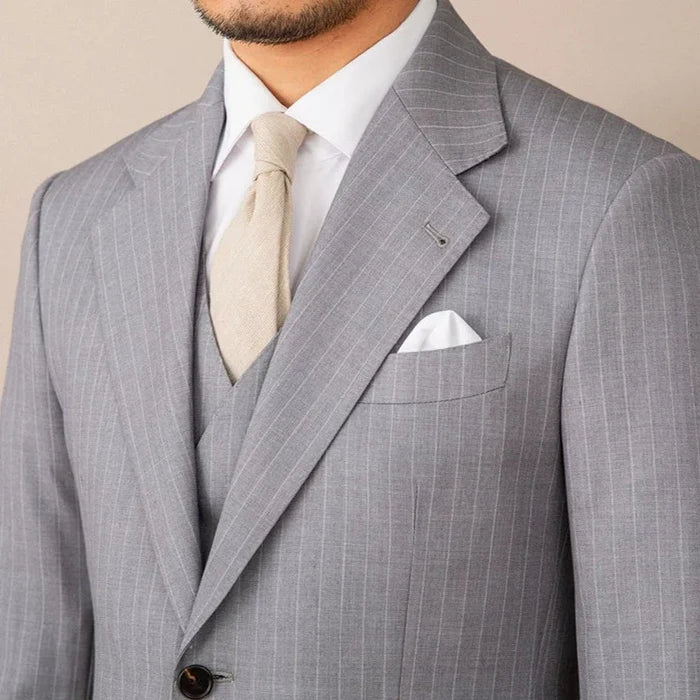 Two Button Pinstripe Suit with Notched Lapel in Gray