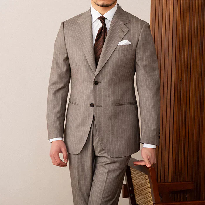 Two-Button Brown Pinstripe Suit with Notched Lapel
