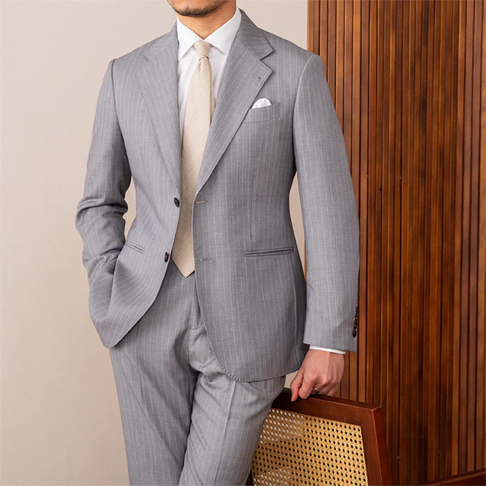 Two Button Pinstripe Suit with Notched Lapel in Gray
