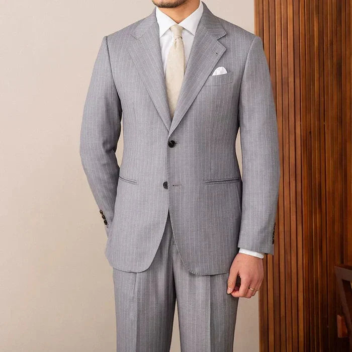 Two Button Pinstripe Suit with Notched Lapel in Gray