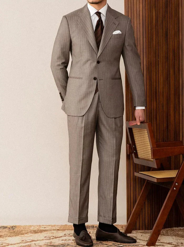 Two-Button Brown Pinstripe Suit with Notched Lapel