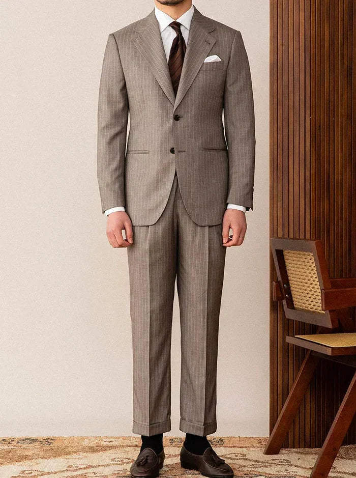 Two-Button Brown Pinstripe Suit with Notched Lapel