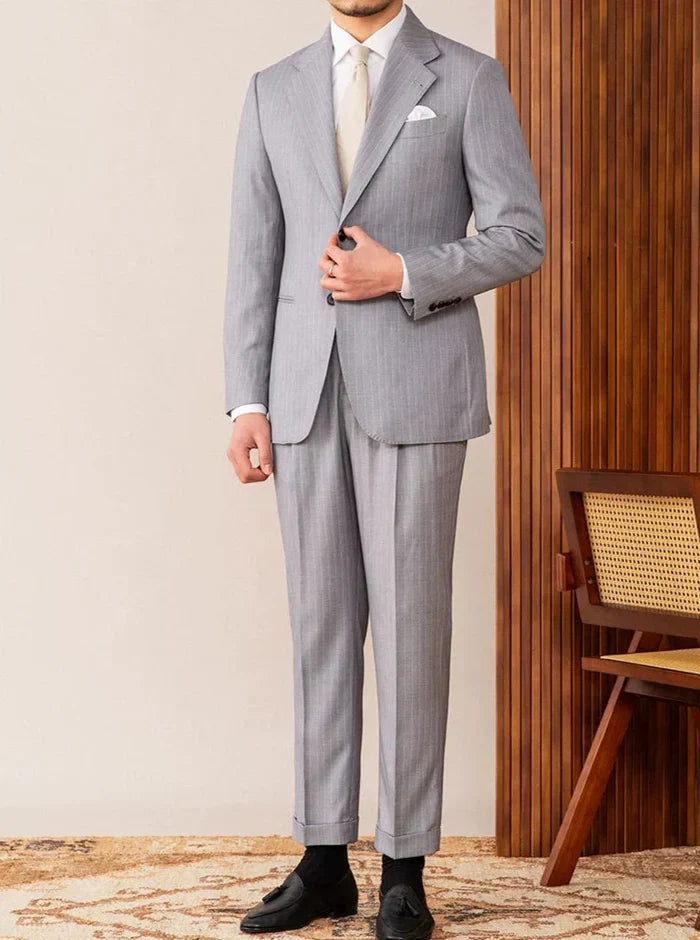 Two Button Pinstripe Suit with Notched Lapel in Gray