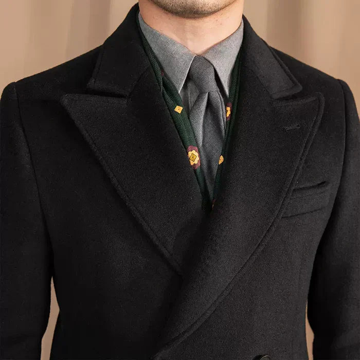 Black Double Breasted Overcoat with Peak Lapel