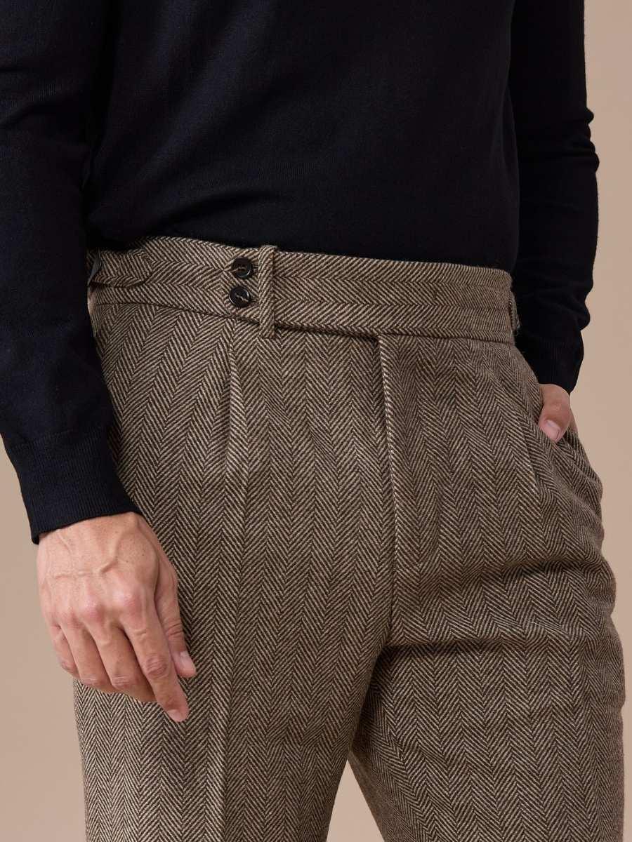 Venice Herringbone Wool Pleated Pants