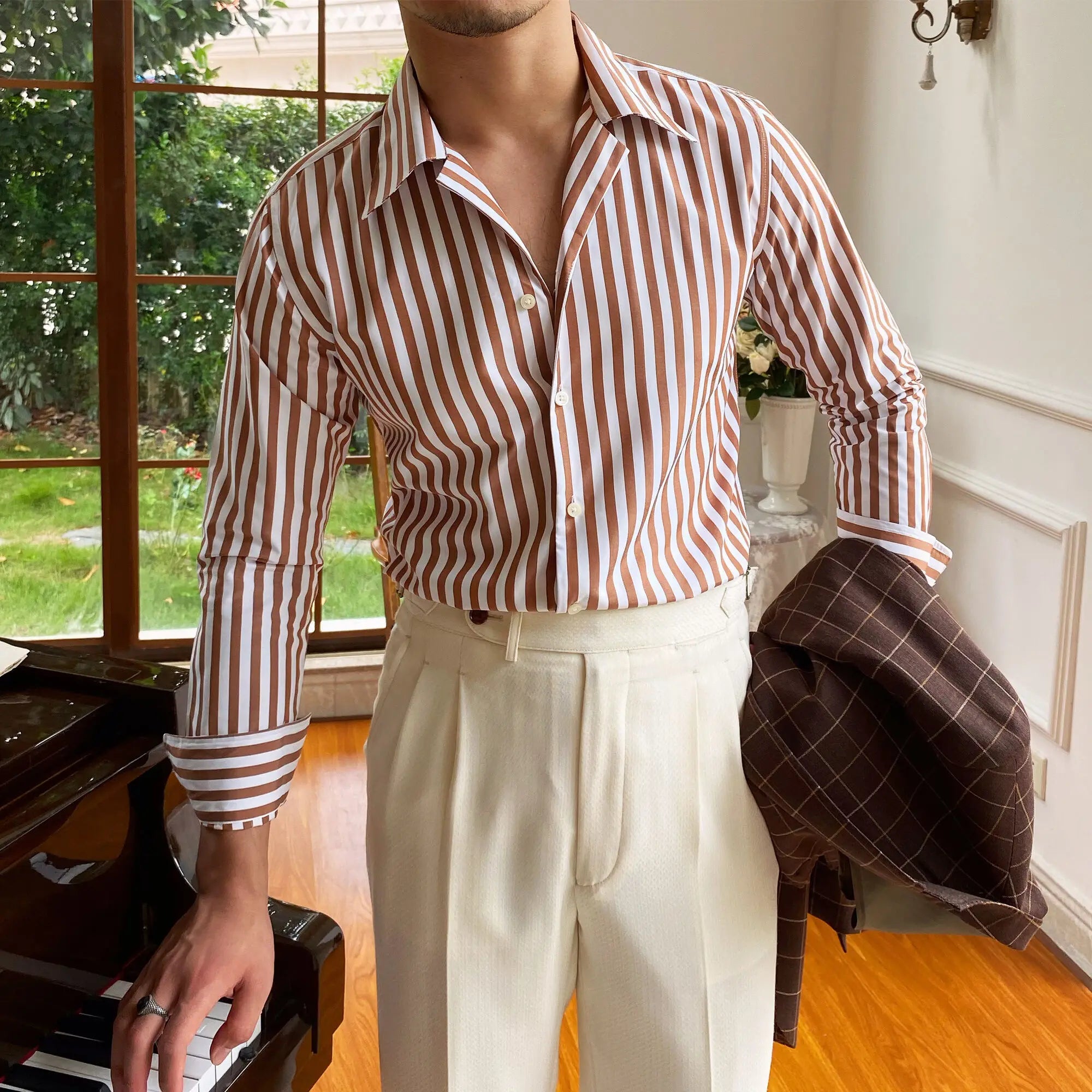 Looped LS040 Striped Mandarin Collar Shirt